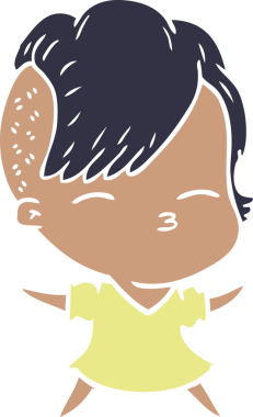 Düz renkli çizgi film çizen kız bir insan tarafından çizilmiş.