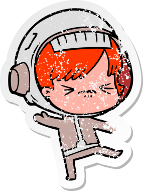 Bir insan tarafından çizilmiş karikatür astronot kadının sıkıntılı çıkartması.