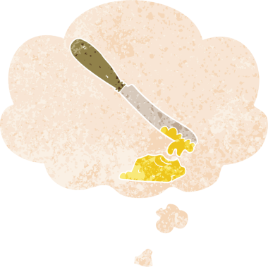 Çizgi film bıçağı tereyağını düşünce baloncuğuyla yayıyor grunge dertli retro tarzı bir insan tarafından çizilmiş