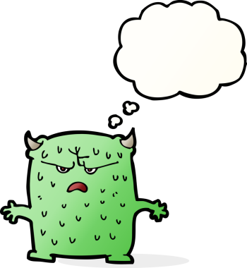 Bir insan tarafından çizilmiş düşünce kabarcığı olan küçük bir uzaylı çizgi filmi.