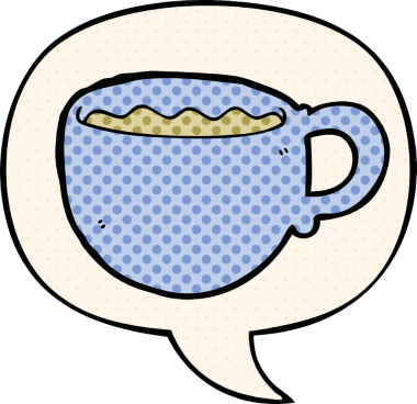Bir insan tarafından çizilmiş çizgi roman tarzında konuşma balonlu kahve fincanı.