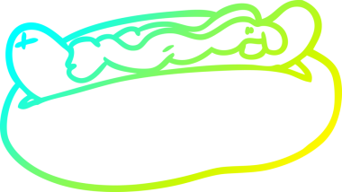 Bir insan tarafından çizilmiş hardallı ve ketçaplı sosisli sandviçin soğuk gradyan çizimi