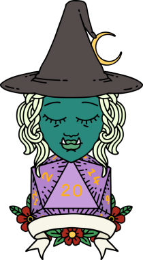 Retro Dövme Biçimi Bir insan tarafından çizilmiş doğal 20 zarlı yarı ork cadı karakteri