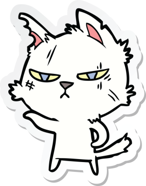 Bir insan tarafından çizilmiş sert bir çizgi film kedisinin çıkartması.