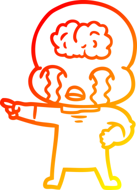 Sıcak bir çizgi film çizimi. Büyük bir beyin uzaylısının ağlaması ve bir insan tarafından çizilmesi.