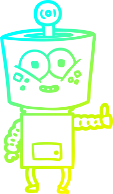 Bir insan tarafından çizilen mutlu çizgi film robotunun soğuk gradyan çizimi.