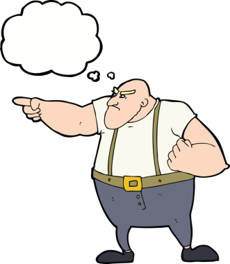 Bir insan tarafından çizilmiş düşünce baloncuğuyla işaret eden kızgın sert adam.