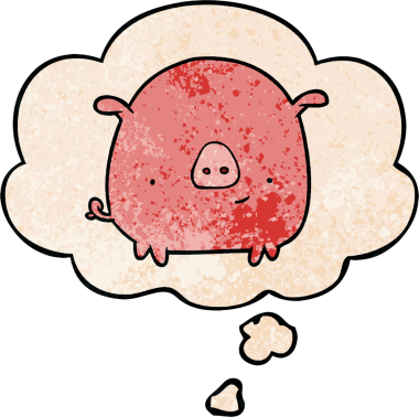 Bir insan tarafından çizilmiş grunge desenli düşünce baloncuklu çizgi film domuzu.