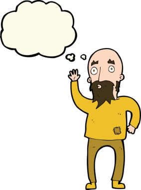 Karikatür sakallı adam bir insan tarafından çizilmiş düşünce balonuyla el sallıyor.
