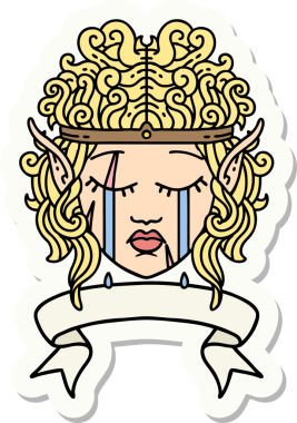 Ağlayan bir elf barbarının çıkartması. İnsan tarafından çizilmiş bir pankartıyla karakter suratı.