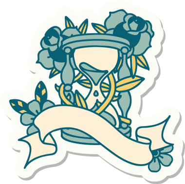 Dövme stili çıkartma, bir saat bardağı ve bir insan tarafından çizilmiş çiçekler.