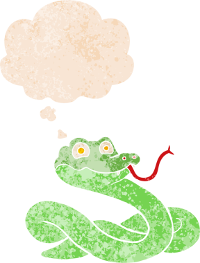 Düşünce baloncuklu çizgi film yılanı grunge dertli eski moda bir insan tarafından çizilmiş.