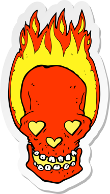 Bir insan tarafından çizilmiş sevgi dolu kalp gözleri olan yanan bir kafatası.