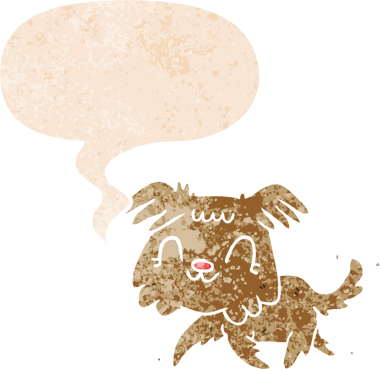 Bir insan tarafından çizilmiş grunge dertli retro tarzı konuşma baloncuğu ile çizgi film köpeği