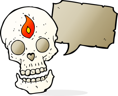 Bir insan tarafından çizilmiş konuşma balonlu mistik kafatası.