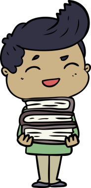 Çizgi filmdeki adam elinde bir insan tarafından çizilmiş kitaplar tutarak gülüyor.