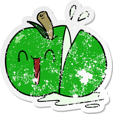 Bir insan tarafından çizilmiş elma dilimlenmiş mutlu bir çizgi film çıkartması.