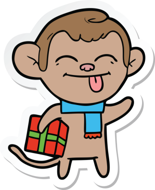 Bir insan tarafından çizilmiş Noel hediyeli komik bir maymun çıkartması.