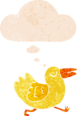 Düşünce baloncuğu ve grunge ile çizgi film kuşu bir insan tarafından çizilmiş sıkıntılı retro tarzı