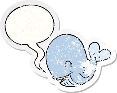 Konuşma baloncuğu olan karikatür balinası bir insan tarafından çizilmiş sıkıntılı eski bir çıkartma