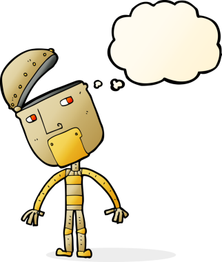Bir insan tarafından çizilmiş düşünce baloncuklu çizgi film robotu