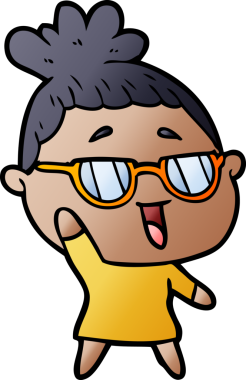 Bir insan tarafından çizilmiş gözlüklü mutlu kadın çizgi filmi.