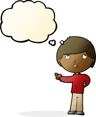 Çizgi filmci çocuk bir insan tarafından çizilmiş düşünce balonuyla işaret ediyor.