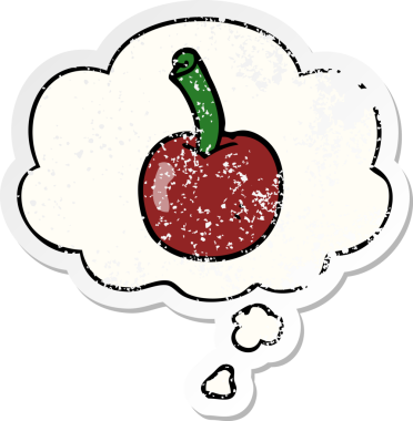 Düşünce baloncuğu olan karikatür kirazı insan tarafından çizilmiş yıpranmış bir çıkartma gibi.