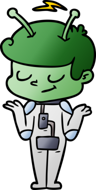 Bir insan tarafından çizilmiş dost canlısı çizgi film uzay adamı omuz silkiyor.