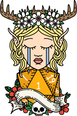 Retro Dövme Tarzı Ağlayan Elf Druid karakteri yüzü Bir insan tarafından çizilmiş doğal bir D20 zar