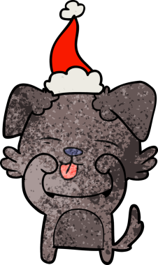 Bir insan tarafından çizilmiş Noel Baba şapkası takan bir köpeğin el çizimi karikatürü.