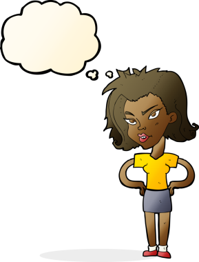 Bir insan tarafından çizilmiş düşünce baloncuğu olan elleri kalçasında çizgi film kadını.