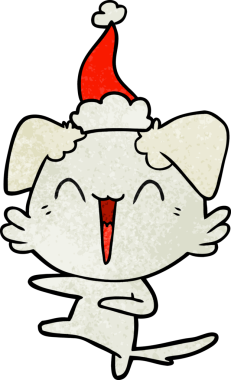 Mutlu dans eden köpek eli bir insan tarafından çizilmiş Noel Baba şapkası.