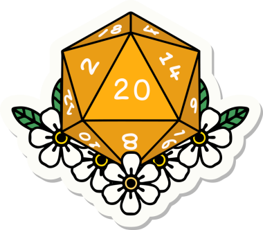 Bir insan tarafından çizilmiş 20 D20 zarının etiketi.