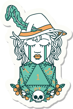 Ağlayan bir elf şair karakterinin çıkartması. Bir insan tarafından çizilmiş doğal bir D20 rulosu.