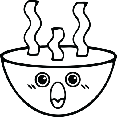 Bir insan tarafından çizilmiş sıcak çorba tabağının çizgi çizimi.