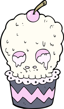 Bir insan tarafından çizilmiş ürkütücü kafatası kek karikatürü.