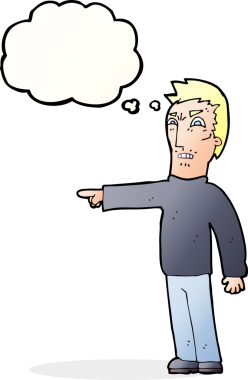 Bir insan tarafından çizilmiş düşünce baloncuğuyla işaret eden kızgın adam çizgi filmi.