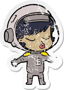 Bir karikatür çıkartması. Bir insan tarafından çizilmiş güzel astronot kız.