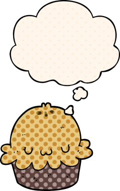 Bir insan tarafından çizilmiş çizgi roman şeklinde düşünce baloncuklu şirin bir turta.