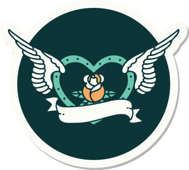 Geleneksel bir dövme stili. Uçan kalp. Çiçekler ve bir insan tarafından çizilmiş bayrak.