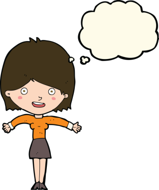 Bir insan tarafından çizilmiş düşünce baloncuğu olan heyecanlı bir kadın.