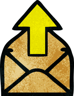 Bir insan tarafından çizilmiş oklu bir zarfın retro grunge desen karikatürü