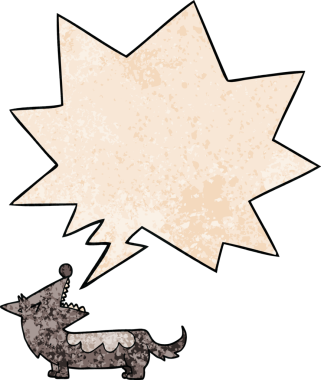 Konuşma baloncuğu olan çizgi film köpeği insan tarafından çizilmiş eski moda dokular.