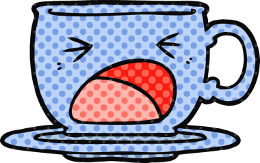 Bir insan tarafından çizilmiş çay fincanı diye bağıran çizgi film.