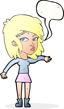 Bir insan tarafından çizilen konuşma baloncuğuyla serinkanlı davranan çizgi film kadını.