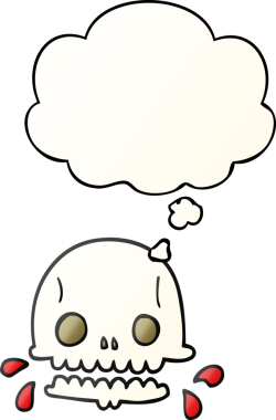 Bir insan tarafından çizilmiş, düşünce baloncuklu, karikatürlü, ürkütücü kafatası.