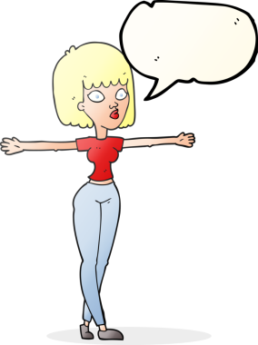 Serbest konuşma balonu çizen karikatür kadın bir insan tarafından çekilen kollarını açıyor.