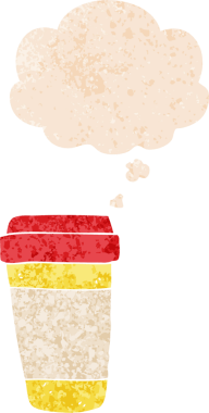 Düşünce baloncuklu çizgi film kahve fincanı grunge sıkıntılı retro dokuma tarzı bir insan tarafından çizilmiş