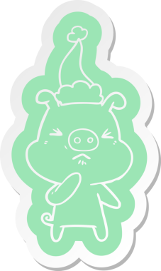 Bir insan tarafından çizilmiş Noel Baba şapkası giyen kızgın bir domuzun garip çizgi film etiketi.